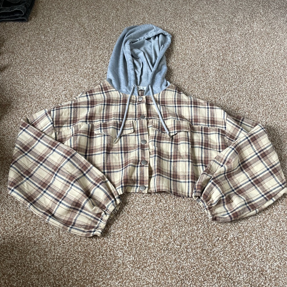 NanaMacs Something To Say Hooded Plaid Crop Top (Beige) - Medium